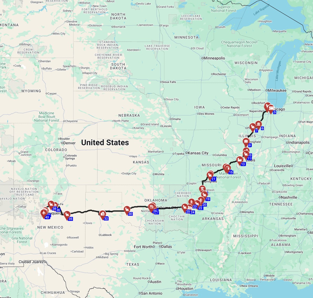 Map for Chicago to Albuquerque - The Mother Road Southbound A Motorhome Journey